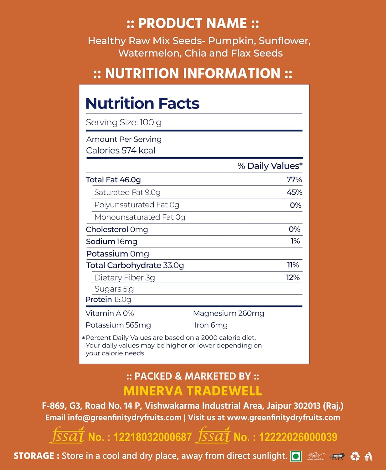 GreenFinity Healthy Raw Mix Seeds- Pumpkin, Sunflower, Watermelon, Chia Flax Seeds (250g)