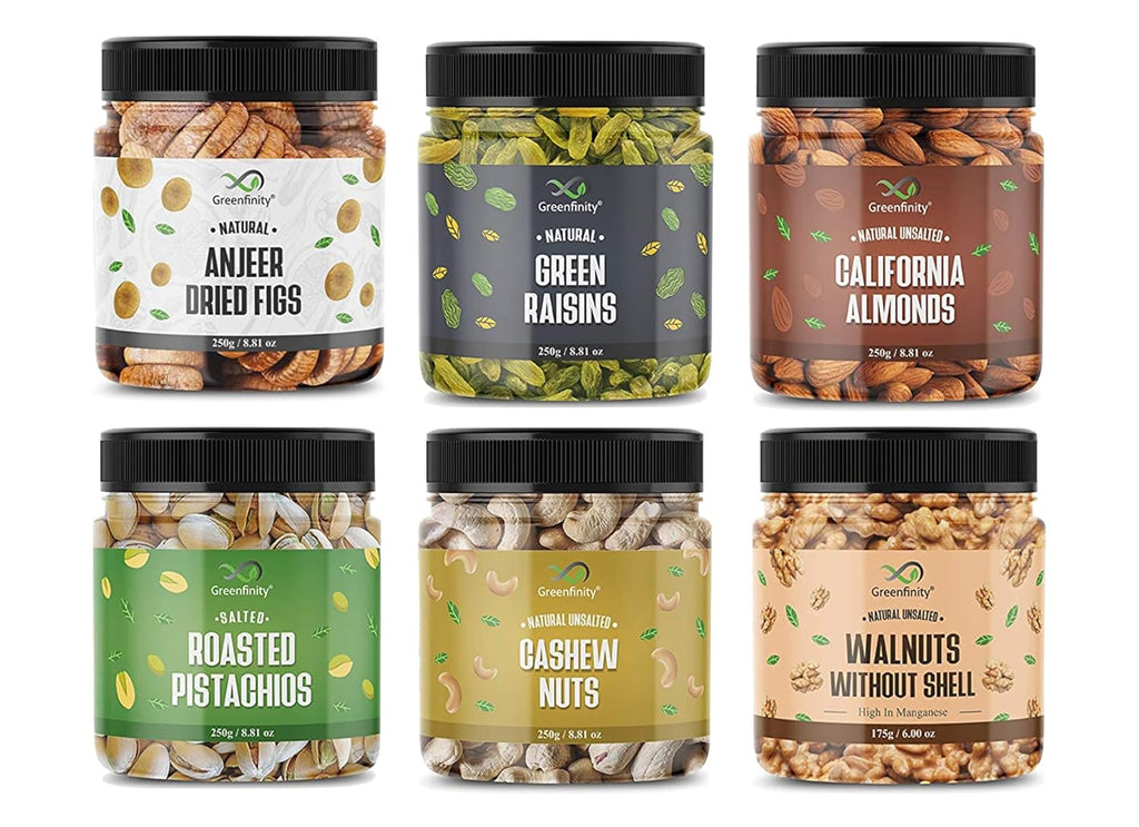 GreenFinity Dry Fruits Combo Pack 1.425 Kg | Almonds, Cashews, Pistachios, Raisins, Anjeer 250g, Walnuts 175g)