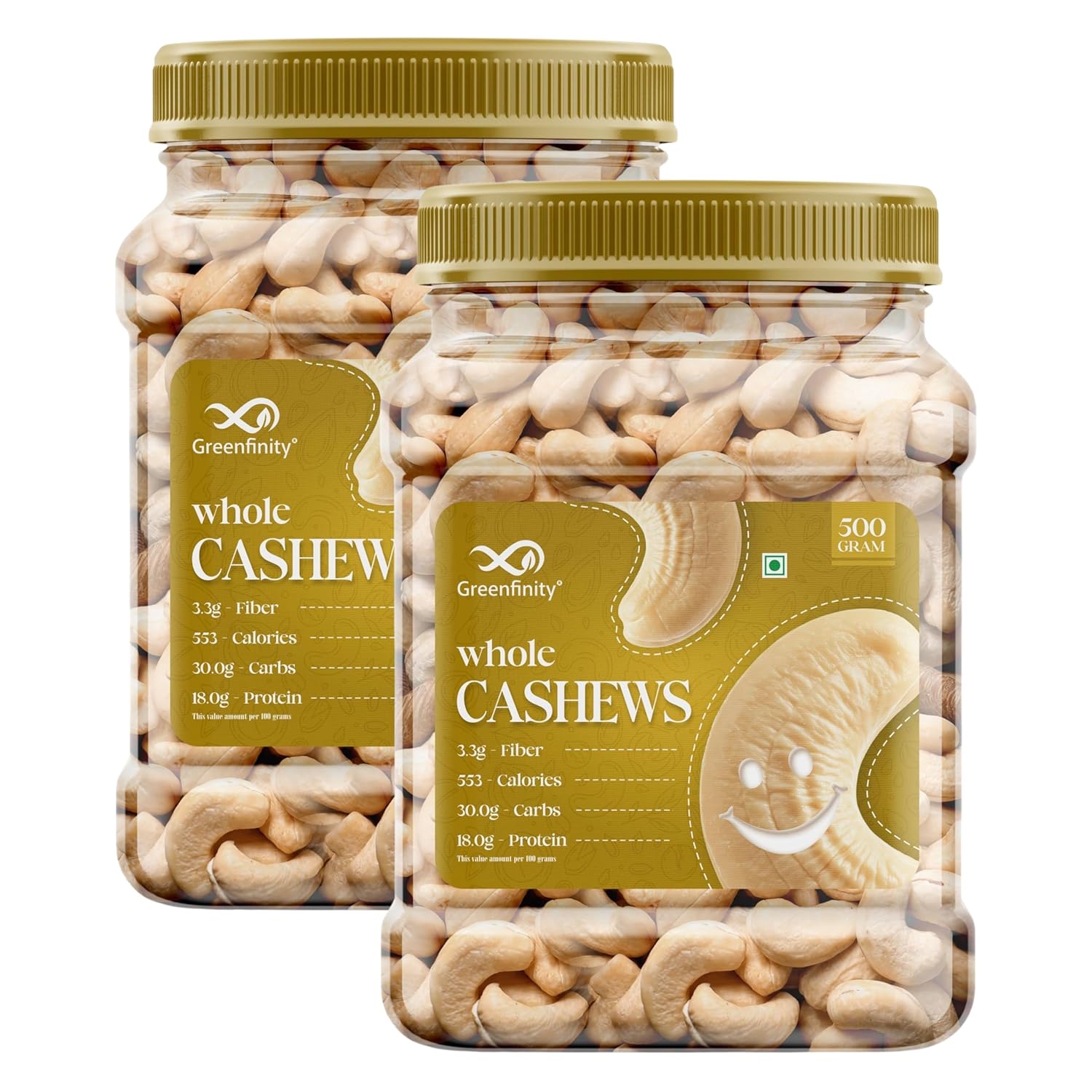GreenFinity Premium Cashew Nuts - 500g (Pack of 2)