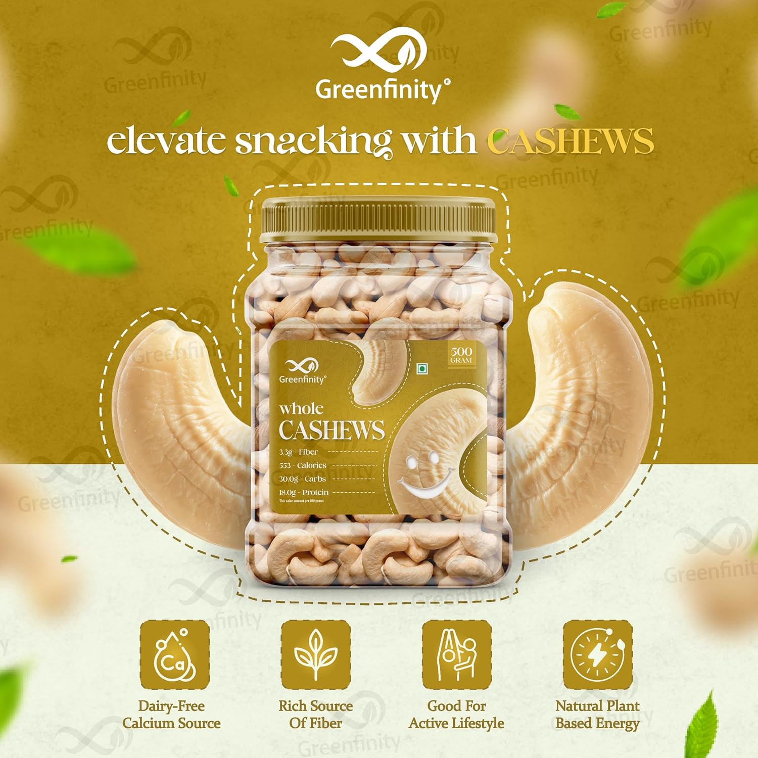 GreenFinity Premium Cashew Nuts - 500g (Pack of 2)