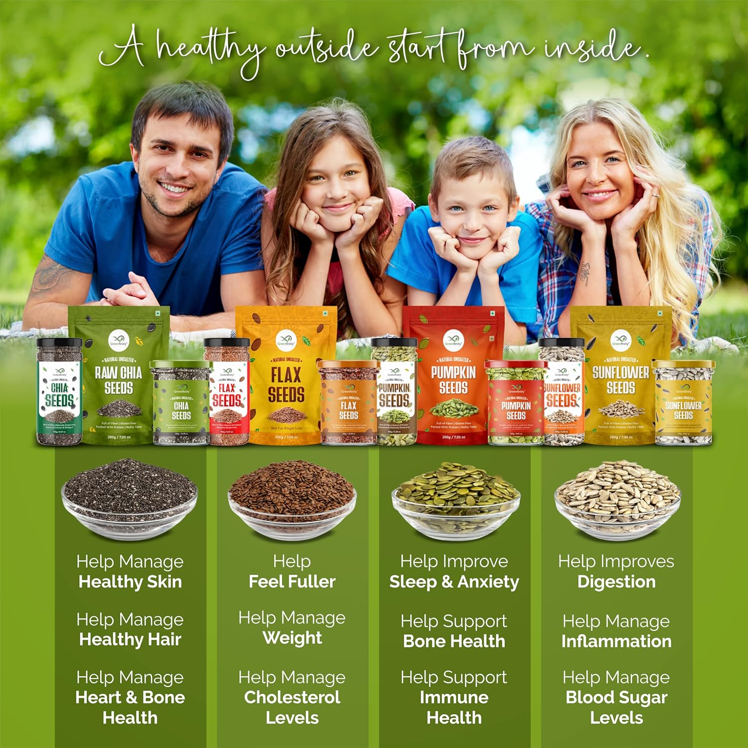 GreenFinity Healthy & Tasty Pumpkin, Sunflower - 250g, Flax , Chia - 300g